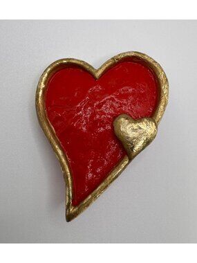 Hand Painted Red Heart Brooch Gold Tone Accent Artisan Wood Pin 2.25”